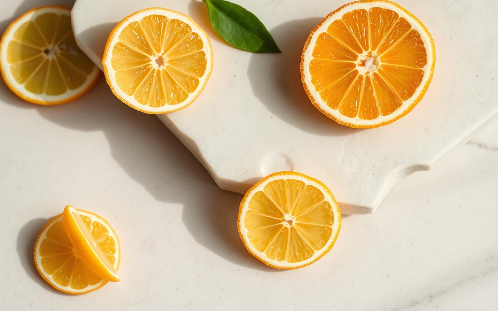 Citrus slices on a pale stone surface in soft daylight