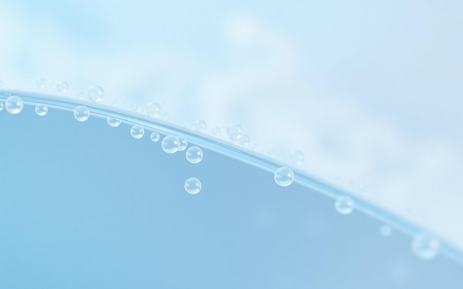 Tiny luminous spheres suspended in pale blue liquid