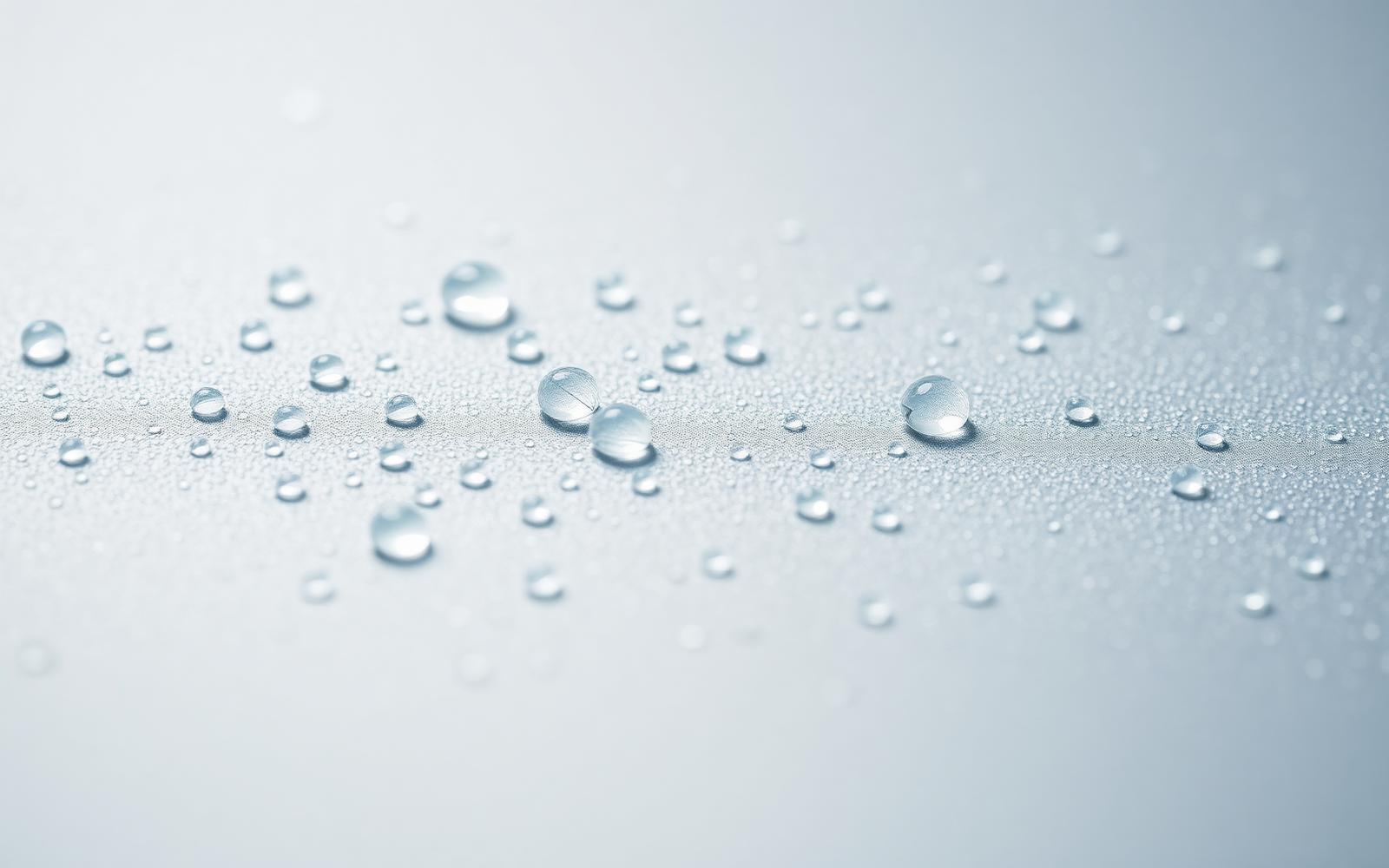 Water droplets on a dewy pale surface in cool clean light