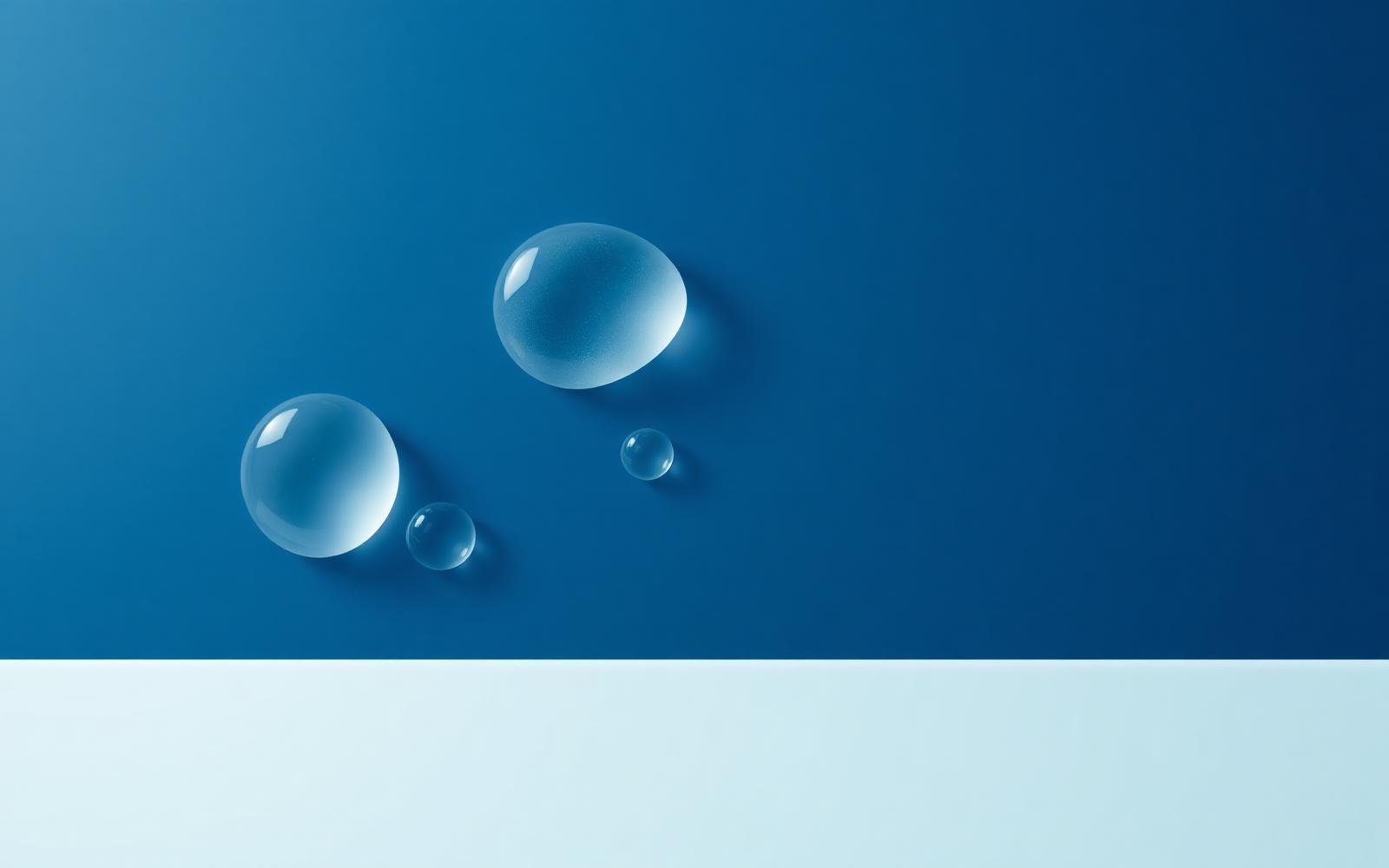 Soft translucent gel droplets on a calm sky blue surface