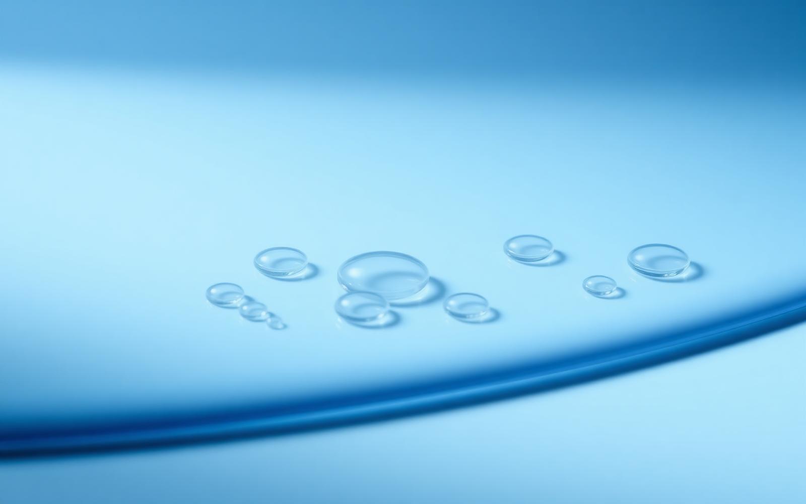 Clear hydrating droplets resting on a soft sky blue gradient